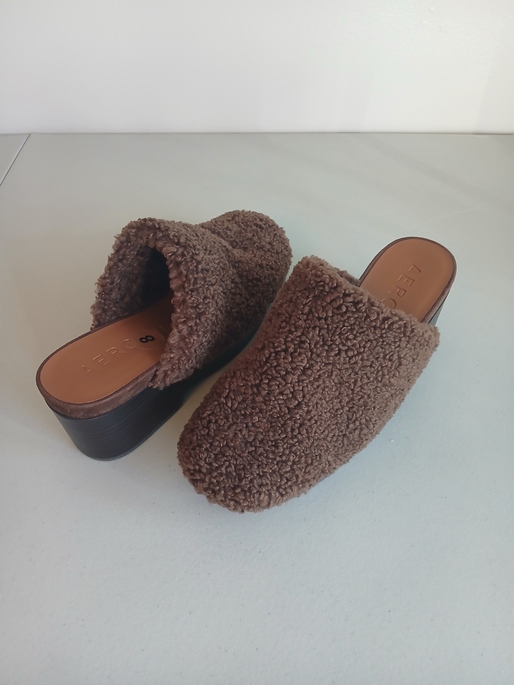 Brown Sherpa Shearling Slip-On Wedge Heel Mule Clog 8 NWOT